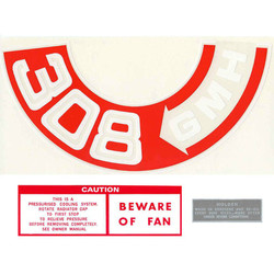Holden V8 Engine Decal Kit HT HG HQ '308 GMH' Air Cleaner + Oil + Beware of Fan