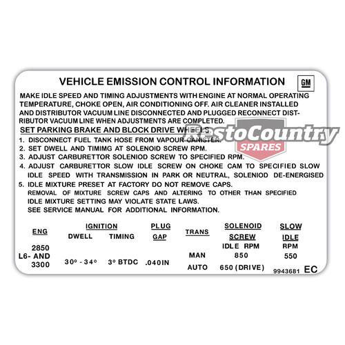Holden Emission Control Decal HJ 6 Cylinder 173 202 2850 3300  sticker label