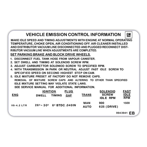 Holden V8 Emission Control Decal HJ Commodore VC VH HDT 4.2ltr sticker label