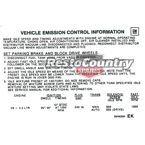 Holden V8 Emission Decal LX Torana HZ + VB 4.2 Litre 253 sticker label timing