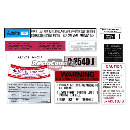 Ford Engine Bay Decal Kit XR GT Autolite Warning Battery Emission sticker label 