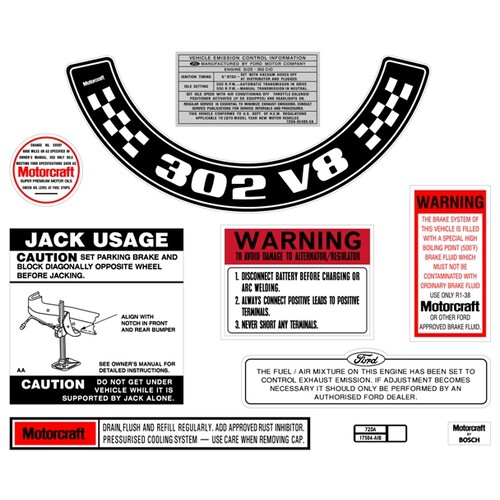 Ford Decal Kit XA ZF 302 V8 With Small Air Cleaner sticker jack motorcraft