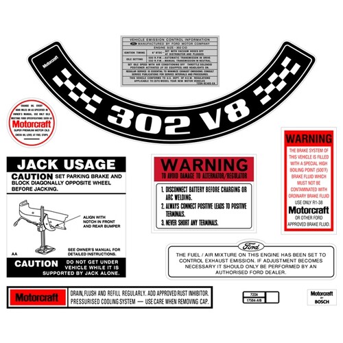 Ford Decal Kit XA ZF 302 V8 With Large Air Cleaner sticker jack motorcraft