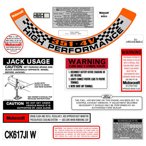 Ford Decal Kit XB GT 351 V8 sticker jack motorcraft warning label 