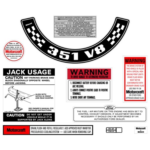 Ford Decal Kit XB ZG 351 V8 With Small Air Cleaner sticker jack motorcraft