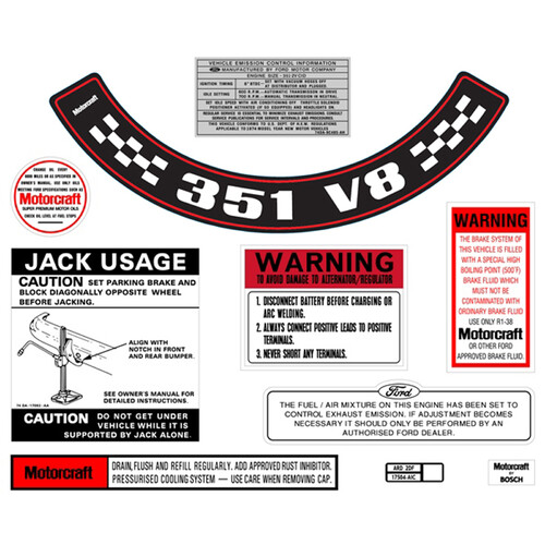 Ford Decal Kit XB ZG 351 V8 With Large Air Cleaner sticker jack motorcraft