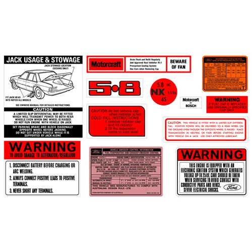 Ford Decal Kit XE ZK 5.8 V8 jack motorcraft warning sticker label 