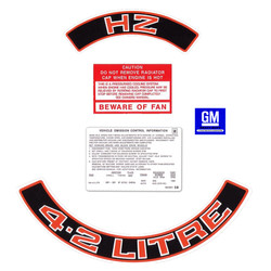 Holden HZ Engine Decals -4.2 LITRE HZ- Air Cleaner +Beware Fan +Emission Control
