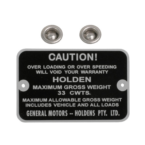 Holden Maximum Gross Weight Tag EH PANEL VAN. 33 CWTS. NEW max caution plate