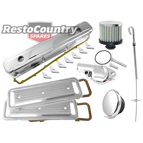 Holden 6 Cyl Chrome Engine Kit Rocker +Oil +Breather +Plates +Dip +Thermostat +Tab