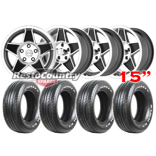 CTM GLOBE Wheel + Tyre Kit STAGGERED 15x7 15x8 BLACK Ford XT XW XY XA XB GALAXY