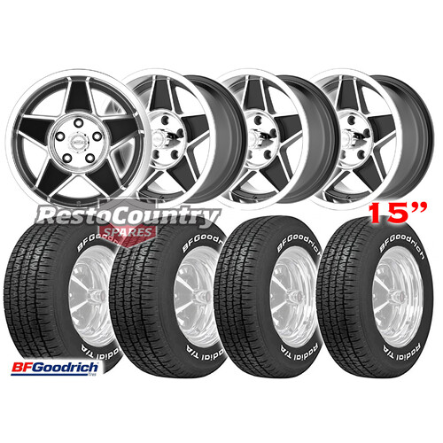 CTM GLOBE Wheel +Tyre Kit STAGGERED 15x7 15x8 BLACK Ford XT XW XY XA XB BFG T/A